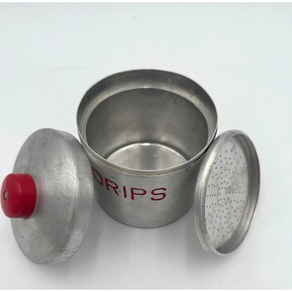 Vintage Aluminum Grease Drip Container With Red Knob Lid & Strainer Insert - Picture 6 of 9